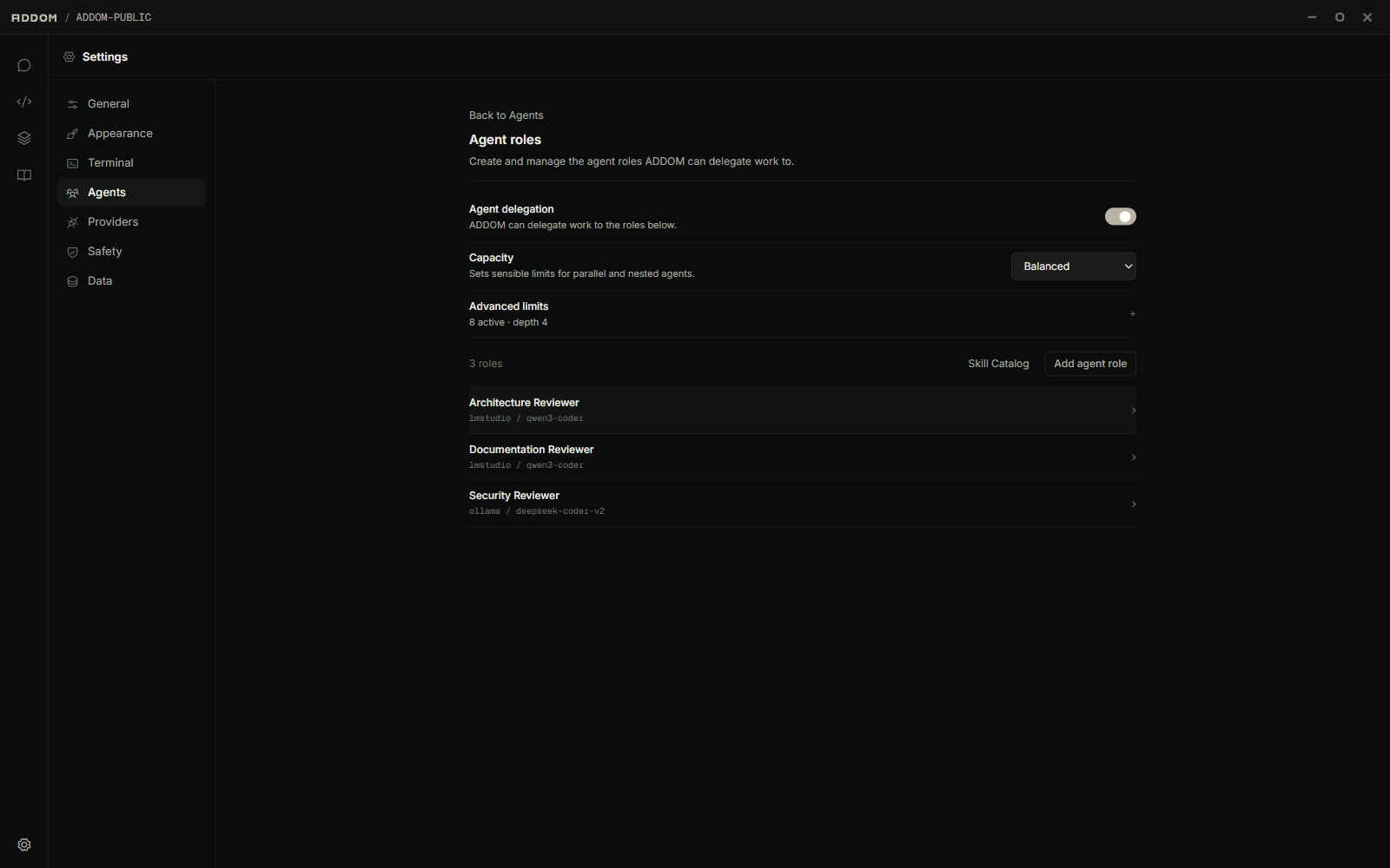 ADDOM agent settings showing specialist roles with local provider and model assignments