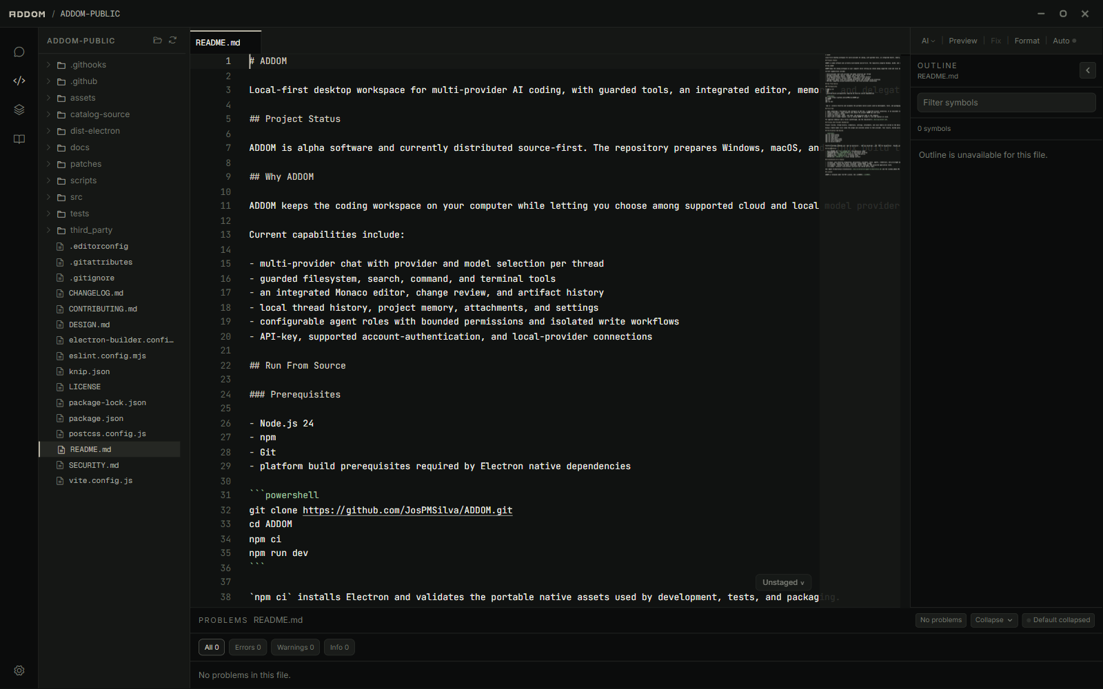 ADDOM integrated editor displaying project source alongside repository navigation