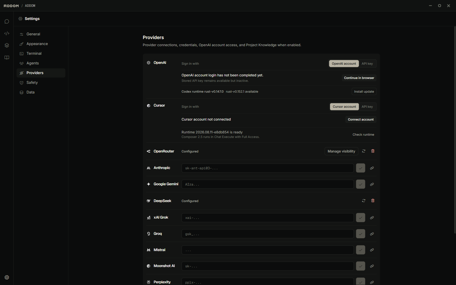 ADDOM provider settings showing several supported AI providers