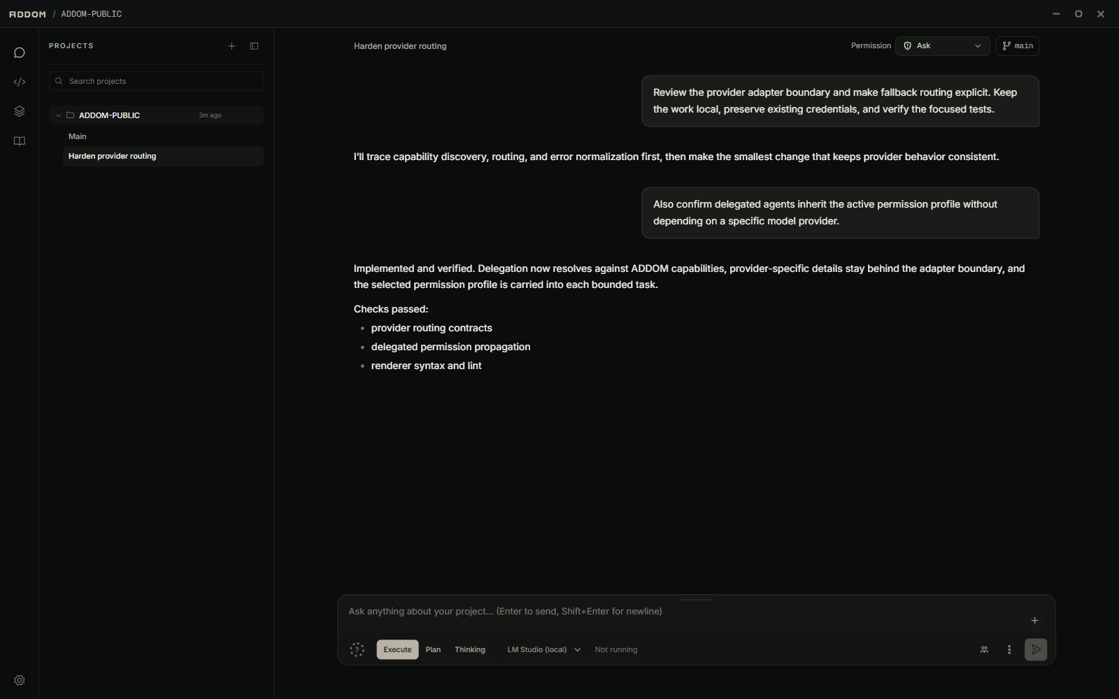 ADDOM desktop workspace showing a project-aware AI coding conversation